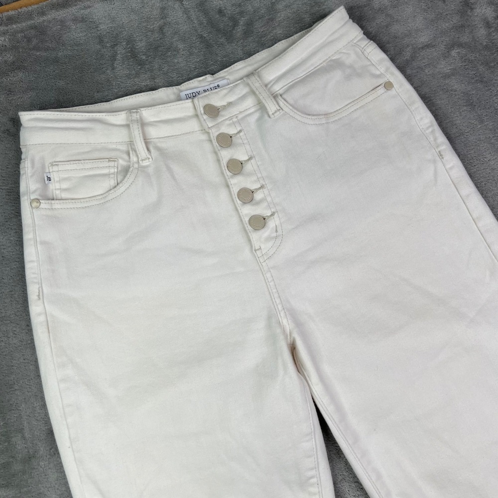 Judy Blue High Waist Jeans Womens 11/30 White Solid Button Fly Stretch Raw Hem